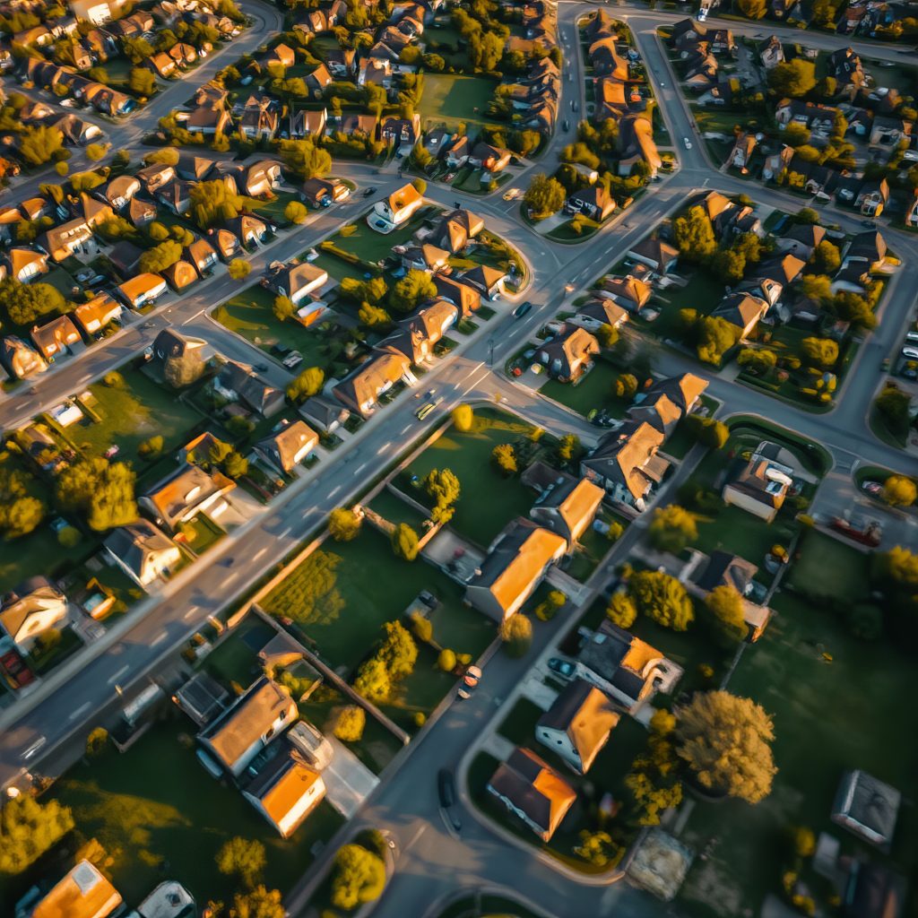 aerial model view of suburban housing neighbourhood