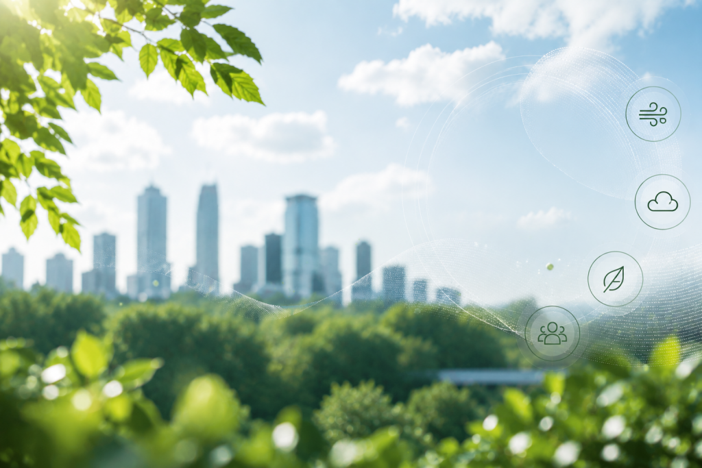 air quality symbols over a blue and green skyline