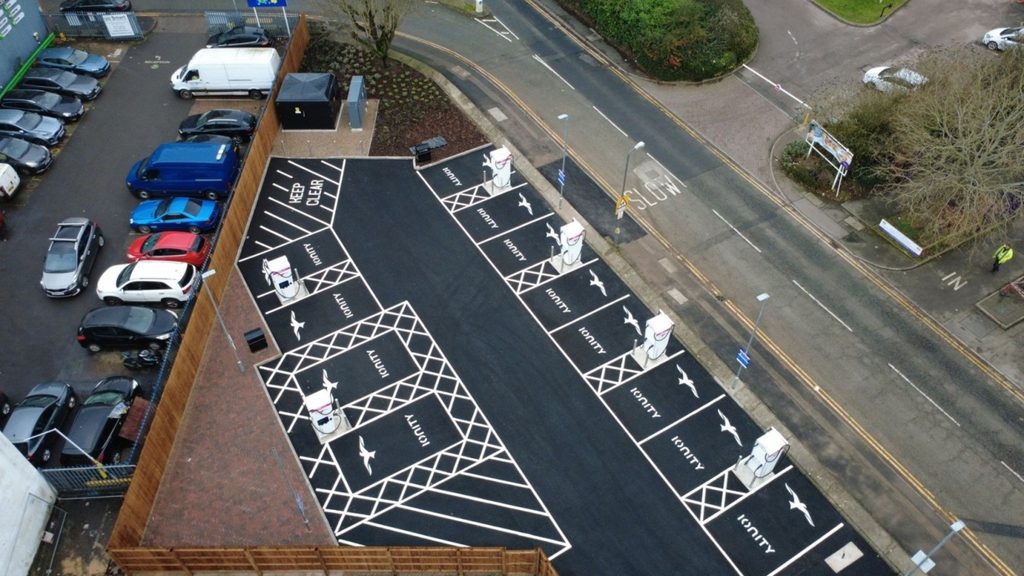 aerial view of ultra-rapid EV charging hub Birmingham