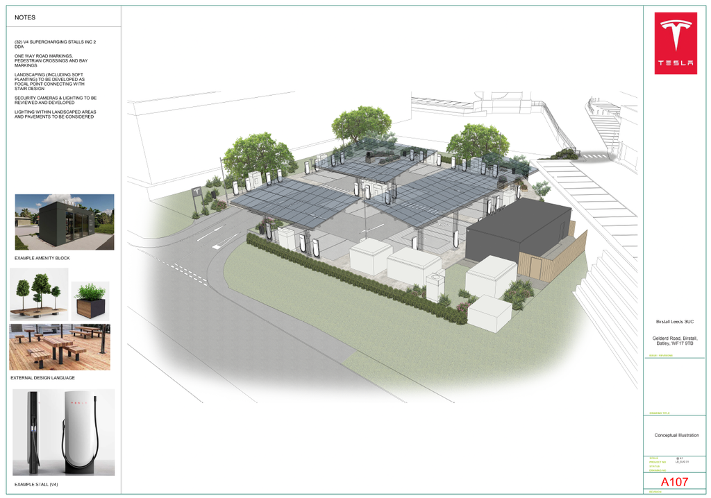 Tesla drawn plans for EV charging Birstall Retail Park