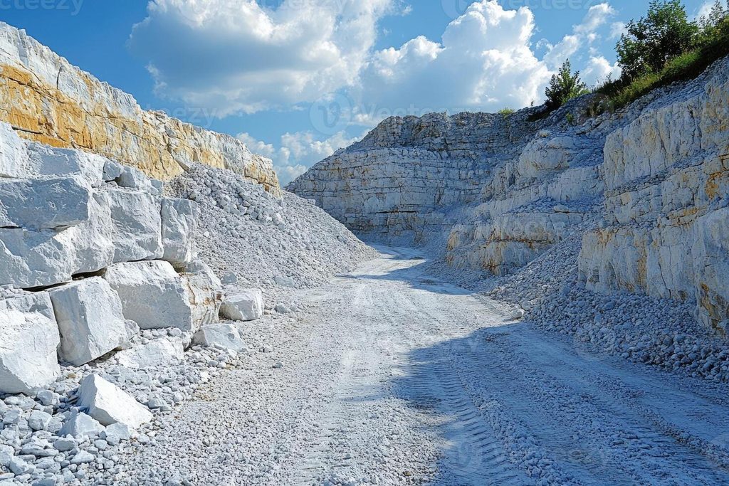 limestone quarry excavator tracks and blue sky