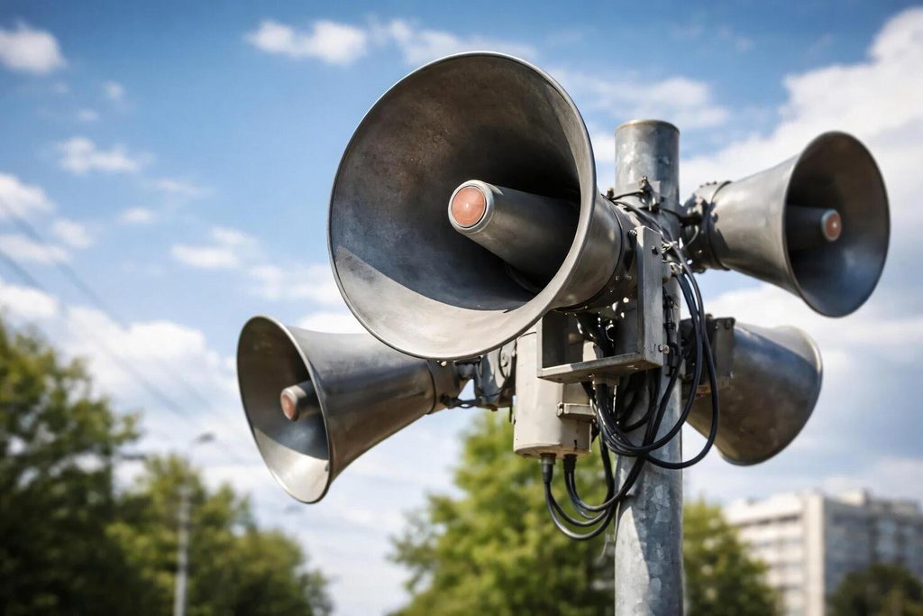 noise three larget metal speakers on pole