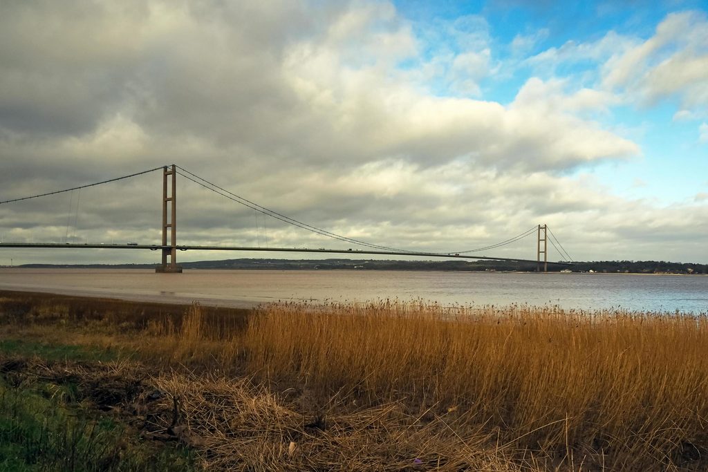 the Humber Bridge seen from South Bank of Humber Estuary